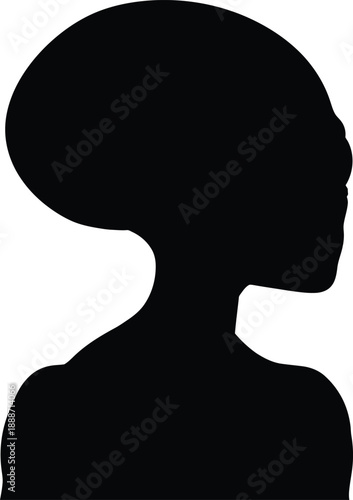 Black silhouette side profile of alien head with large cranium representing extraterrestrial life mystery sci-fi space invader and paranormal universe creature icon.