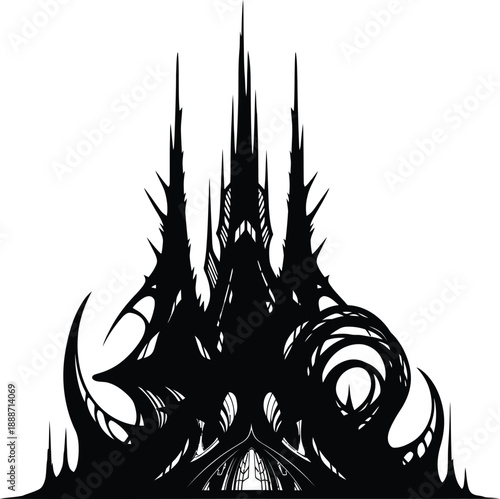Dark fantasy gothic castle silhouette with sharp spires and organic twisted structures representing evil fortress mystery and spooky halloween haunted house concept.