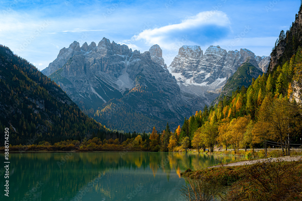 Fototapeta premium The photo specular landscape of lake di landro at dolomite in Italy