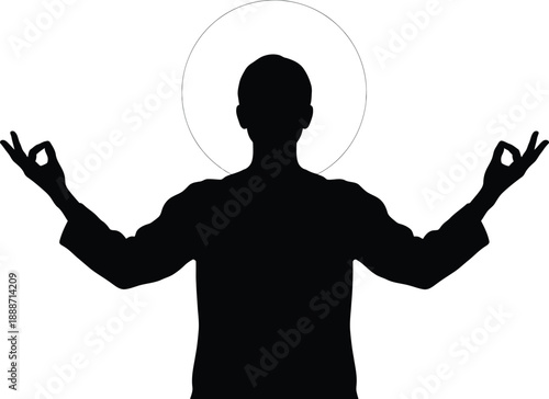 Black silhouette of holy man with halo and raised hands in meditation mudra gesture representing spiritual yoga peace and divine religious enlightenment concept.