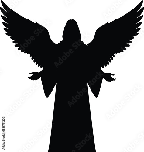 Black silhouette of holy guardian angel with large wings spreading wide and open arms representing religious spiritual protection, christian faith and peace art.