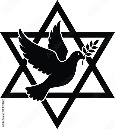 Black Star of David symbol with flying dove bird holding olive branch representing Jewish religion peace hope and spiritual harmony concept for hanukkah celebration.