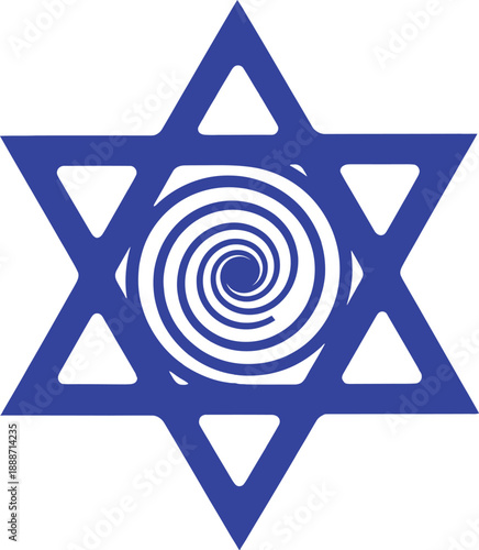 Blue Star of David symbol containing hypnotic white spiral swirl representing Jewish mysticism, religious identity, confusion and abstract spiritual art concept.