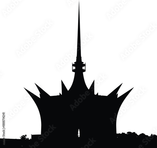 Detailed black silhouette of iconic Sarawak State Legislative Assembly building in Malaysia representing government architecture and Asian travel landmark symbol.