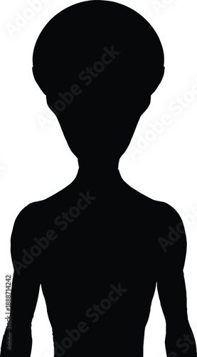 Solid black silhouette of a standing alien creature with an elongated head and thin body representing sci-fi horror, space invasion and extraterrestrial life forms.