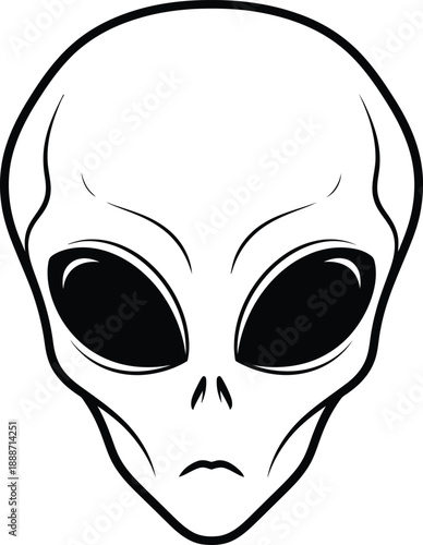 Classic sci-fi alien head symbol with large black eyes and bald cranium representing extraterrestrial life, space mystery, paranormal activity and universe exploration.