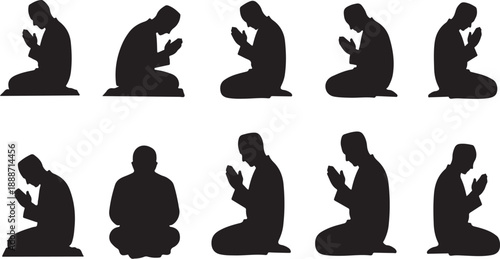 Silhouette of a man in various praying positions sequence