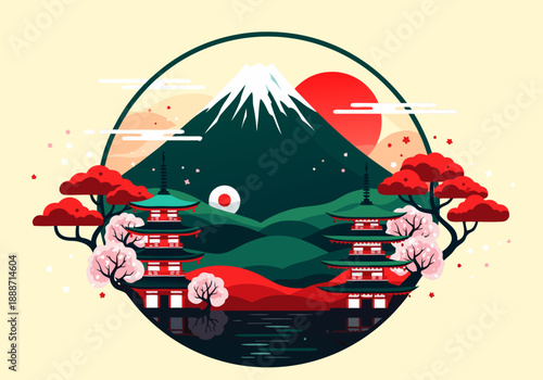 Vector illustration of Mount Fuji, traditional Japanese pagodas, cherry blossoms, and sun symbol on a soft yellow background