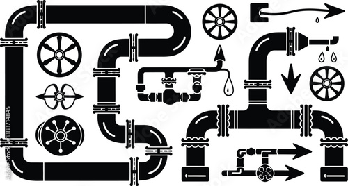 Industrial Plumbing Pipe and Valve Silhouette Vector Icon Set