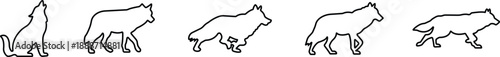 Wolf Silhouette Black Line Style Vector Icon Set, Wild Animal Symbol Collection and Nature Outline Graphic Group Featuring Wolf, Canine and Predator Poses