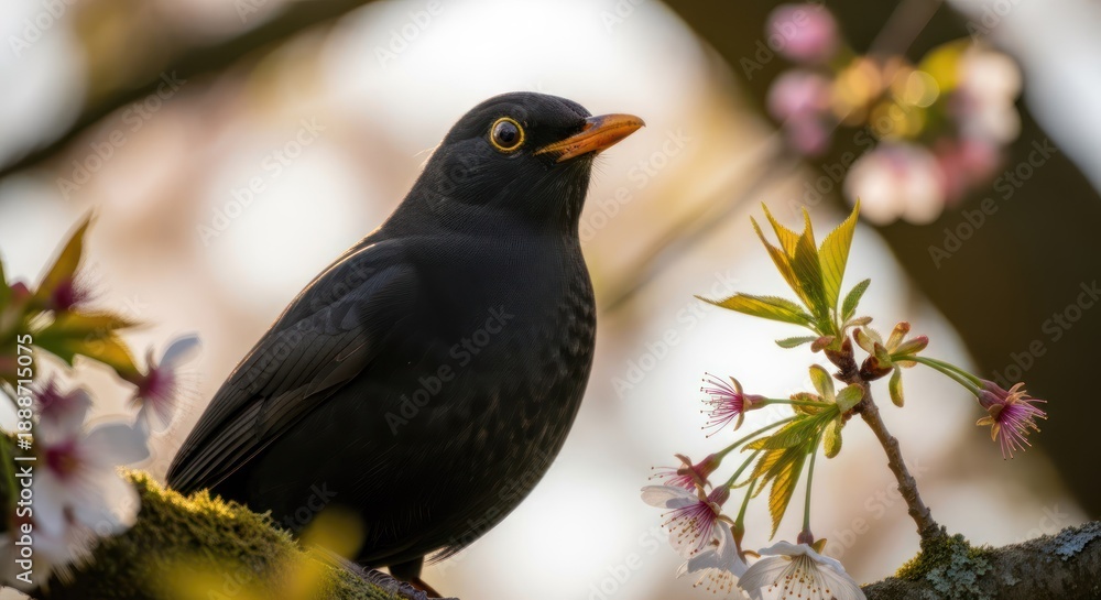 Obraz premium A blackbird perched on a branch with cherry blossoms in the background, showcasing a natural setting during springtime.