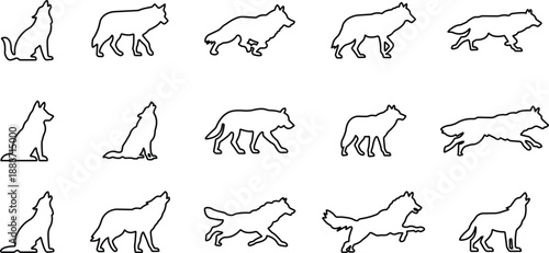 Wolf Silhouette Black Line Style Vector Icon Set, Wild Animal Symbol Collection and Nature Outline Graphic Group Featuring Wolf, Canine and Predator Poses