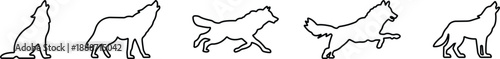Wolf Silhouette Black Line Style Vector Icon Set, Wild Animal Symbol Collection and Nature Outline Graphic Group Featuring Wolf, Canine and Predator Poses