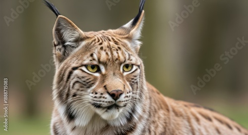 A close-up of a lynx with intense yellow eyes and prominent ear tufts, set against a blurred natural background.