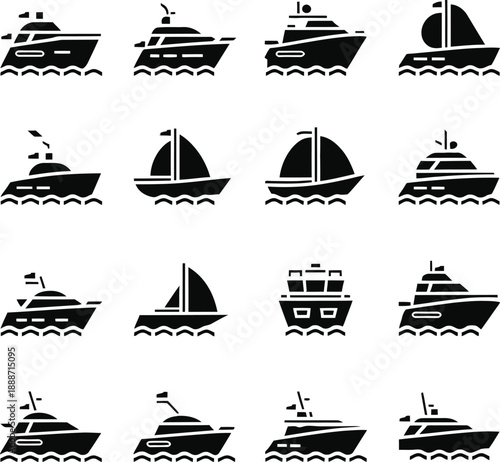 Boat and Ship Silhouette Icons Set. Vector Marine Transport Collection.