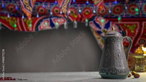 Traditional Ramadan Iftar Setting with Dates, Arabic Thermos and Festive Lantern