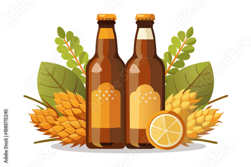 Two frosty amber glass bottles of craft beer with custom labels, placed next to raw hops flowers, barley stalks, and a sliced orange. Studio shot, isolated on a white background.