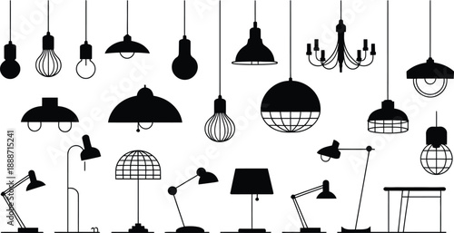 Set of hanging lamps and light bulbs silhouettes vector collection