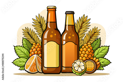 Two frosty amber glass bottles of craft beer with custom labels, placed next to raw hops flowers, barley stalks, and a sliced orange. Studio shot, isolated on a white background.