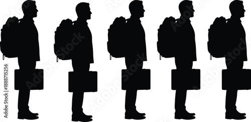 Businessman silhouette flat vector illustration, standing man with backpack briefcase, professional worker profile, travel business concept design