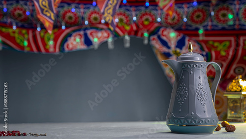 Traditional Ramadan Iftar Setting with Dates, Arabic Thermos and Festive Lantern