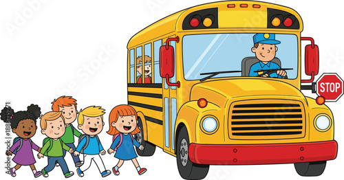 Cad drawing flat vector illustration of children boarding school bus, happy kids walking together with backpacks, yellow school bus, education concept, isolated white background