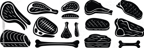 Raw Meat Cuts, Steaks, and Butcher Shop Vector Silhouette Icon Set