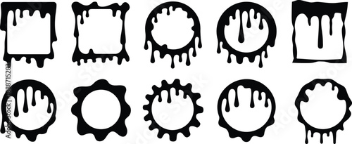 Dripping paint frames vector set. Black melting slime borders and ink blot collection.