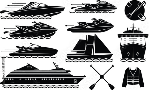 Marine Watercraft and Nautical Vessel Silhouette Icons Set, vector illustration