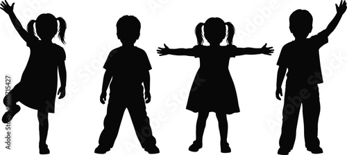 Cad drawing flat vector illustration of children silhouettes, boys and girls standing poses, playful gestures, black shadow figures, white background