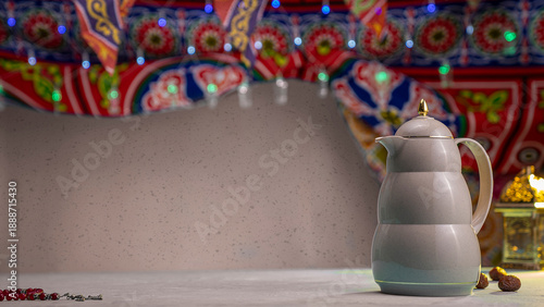 Traditional Ramadan Iftar Setting with Dates, Arabic Thermos and Festive Lantern