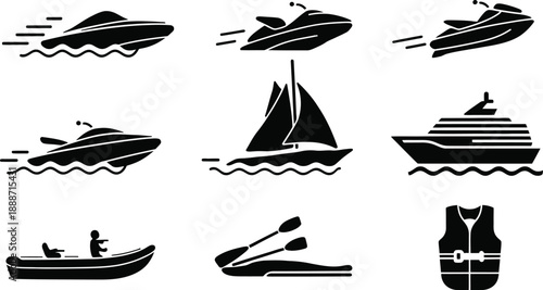 Marine Watercraft and Nautical Vessel Silhouette Icons Set, vector illustration