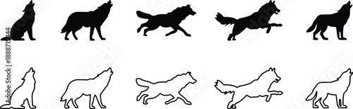 Wolf Silhouette Black Flat Line Style Vector Icon Set, Wild Animal Symbol Collection and Nature Outline Graphic Group Featuring Wolf, Canine and Predator Poses
