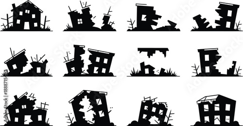 Damaged House Silhouette Icons Set, Destroyed Building Ruins and Earthquake Aftermath Vector Collection