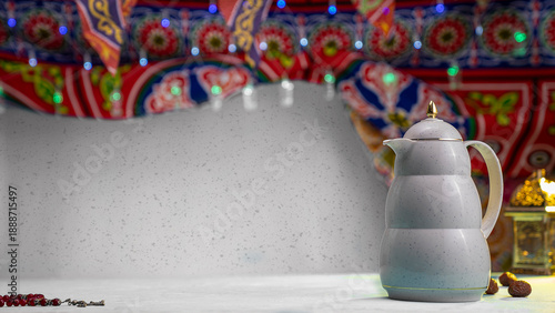 Traditional Ramadan Iftar Setting with Dates, Arabic Thermos and Festive Lantern