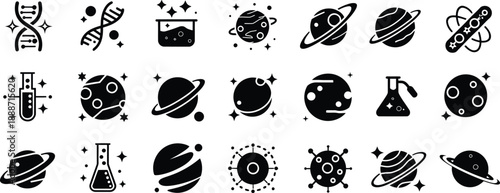 Science and Space Icon Set, Planets, DNA, Chemistry, and Astronomy Vector illustration