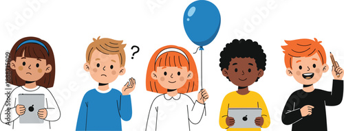Flat vector illustration of children expressing emotions and learning, cute cartoon kids using tablet and balloon, education concept, isolated white background