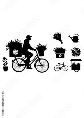 Flower Delivery Bicycle Silhouette, Mobile Florist Shop, Sustainable Small Business and Eco Friendly Urban Retail Vector Art