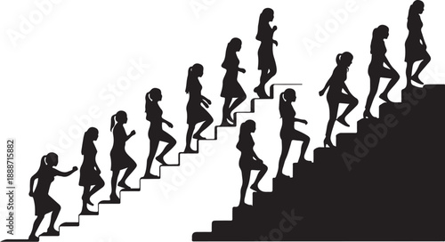 Silhouettes of people climbing up stairs to success together
