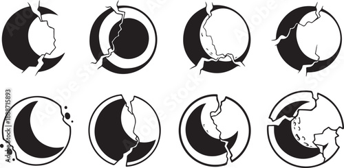 Black and White Broken Circle Moon Phase Icons Set