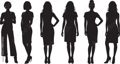 Silhouettes of six women in various business attire poses