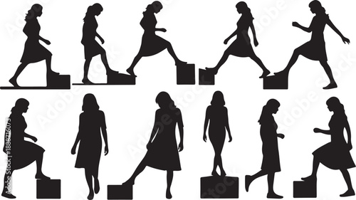 Silhouette of woman in various poses with briefcase walking