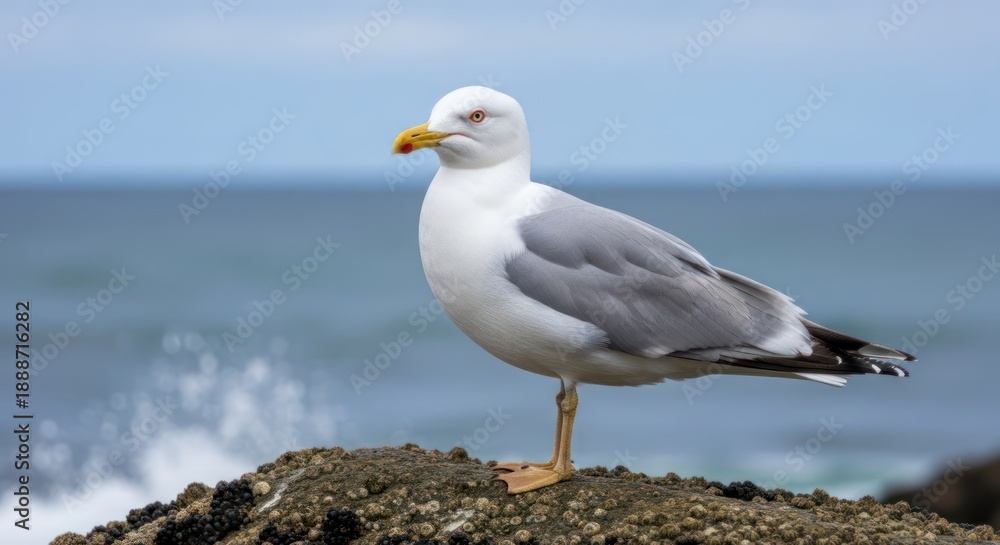 Obraz premium A seagull perched on a rocky outcrop with waves crashing in the background.