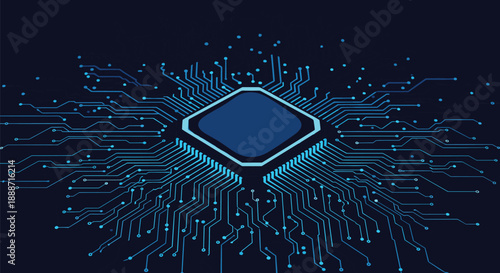 Abstract blue microchip processor circuit board technology background with glowing electronic lines, data science concept,
