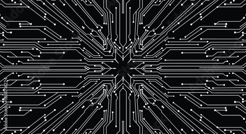 Abstract blue microchip processor background with perspective integrated circuit board lines, data technology concept