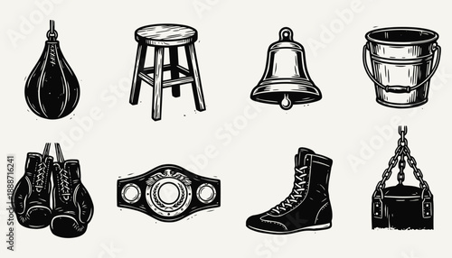 Vintage Woodcut Boxing Equipment Icon Set