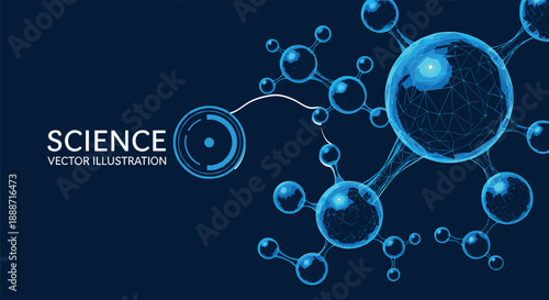 Abstract blue molecular structure science background with 3D spheres, DNA connection mesh, nanotechnology research