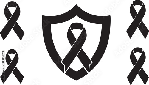 Black awareness ribbons with shield symbol on white background