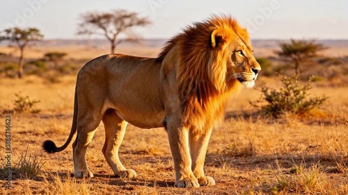 Male lion in savanna landscape