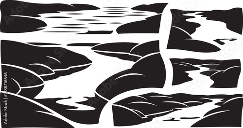 Black and White Illustration of Winding River Landscape Scene